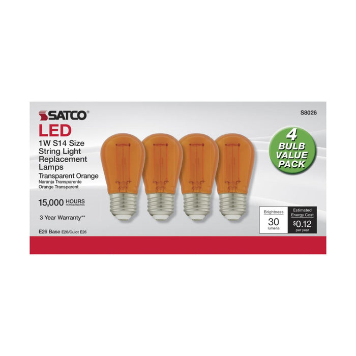 Satco S8026 1W S14 LED Filament Bulb, E26 Base, Orange (Pack of 4)