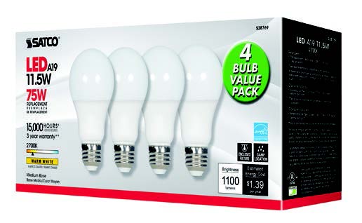 Satco S28769 11.5W A19 Non-Dimmable LED Bulb, 2700K, 4-Packs