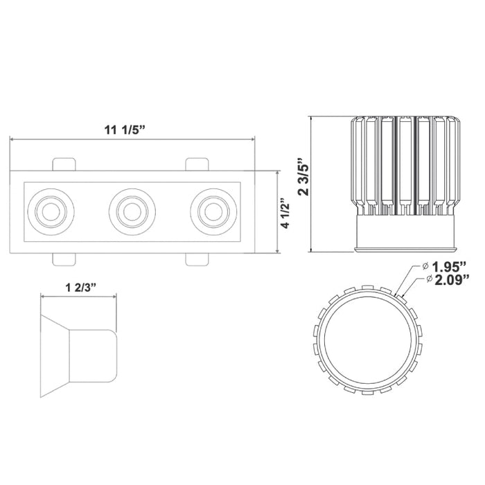Westgate LRD 11" Architectural Winged Recessed Lights, Triple Slot, 3000K